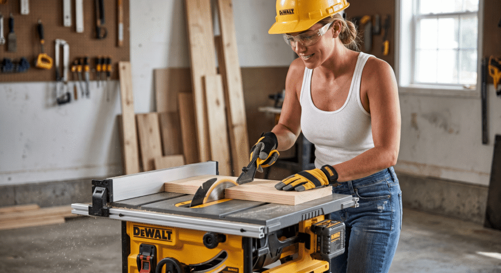 hot blonde woman on dewalt table saw working a wood cut