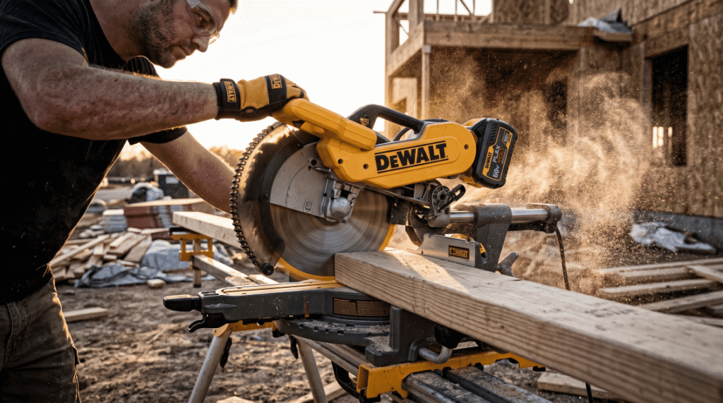 John demos the DeWalt sliding miter saw in the field