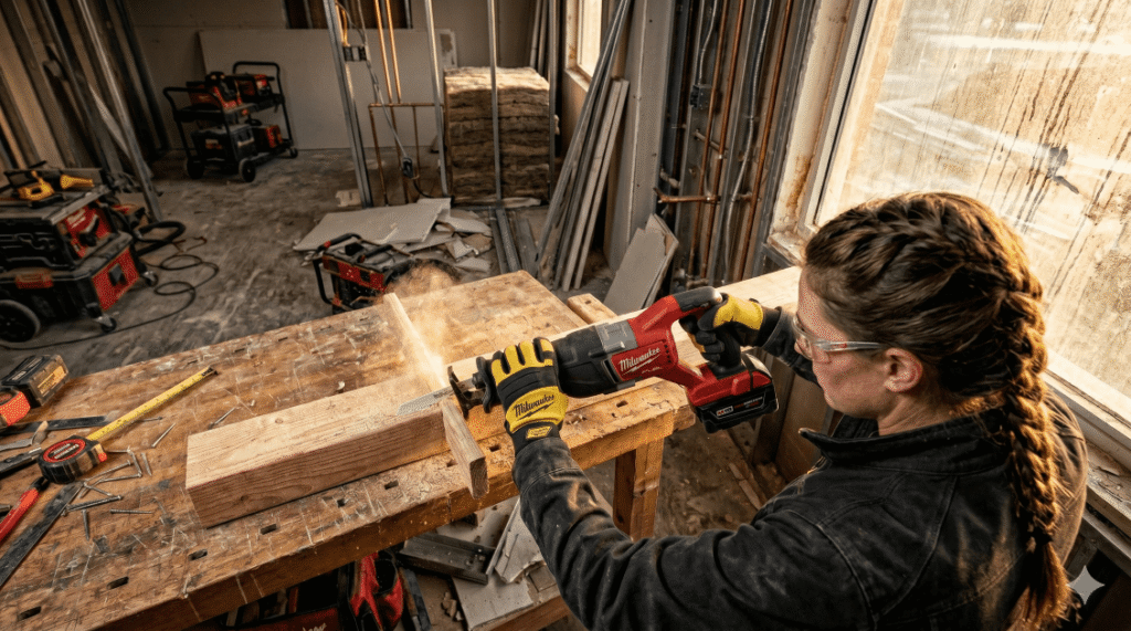 A tradeswoman works with milwaukee m18 sawzall to cut lumber for a project