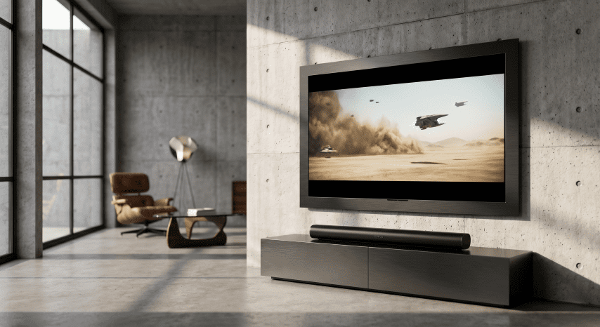Sonos Arc ultra soundbar paired with a wall mounted OLED TV