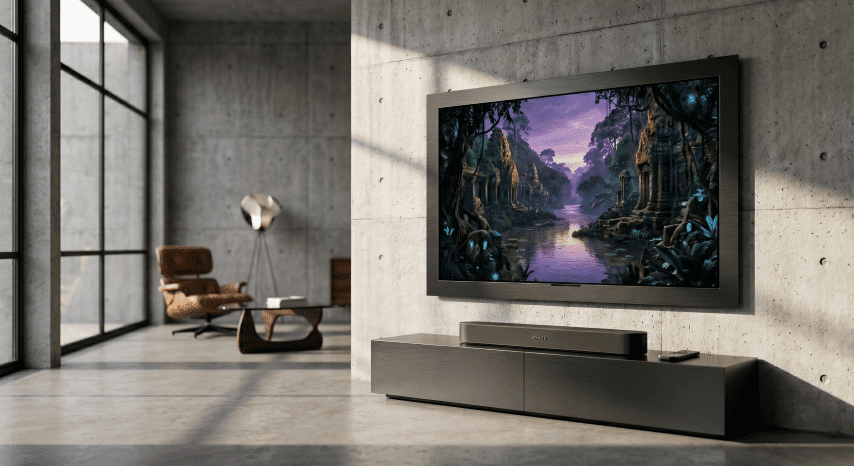SONOS GEN 2 BEAM below a beautiful tv setup over a concrete wall in ultramodern living room